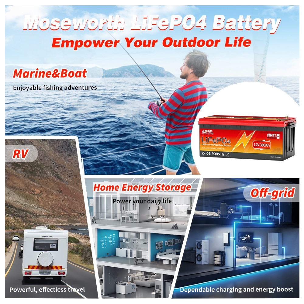 MOSEWORTH 12V 300Ah LiFePO4 Lithium Battery 200A BMS Bluetooth Trolling RV Solar