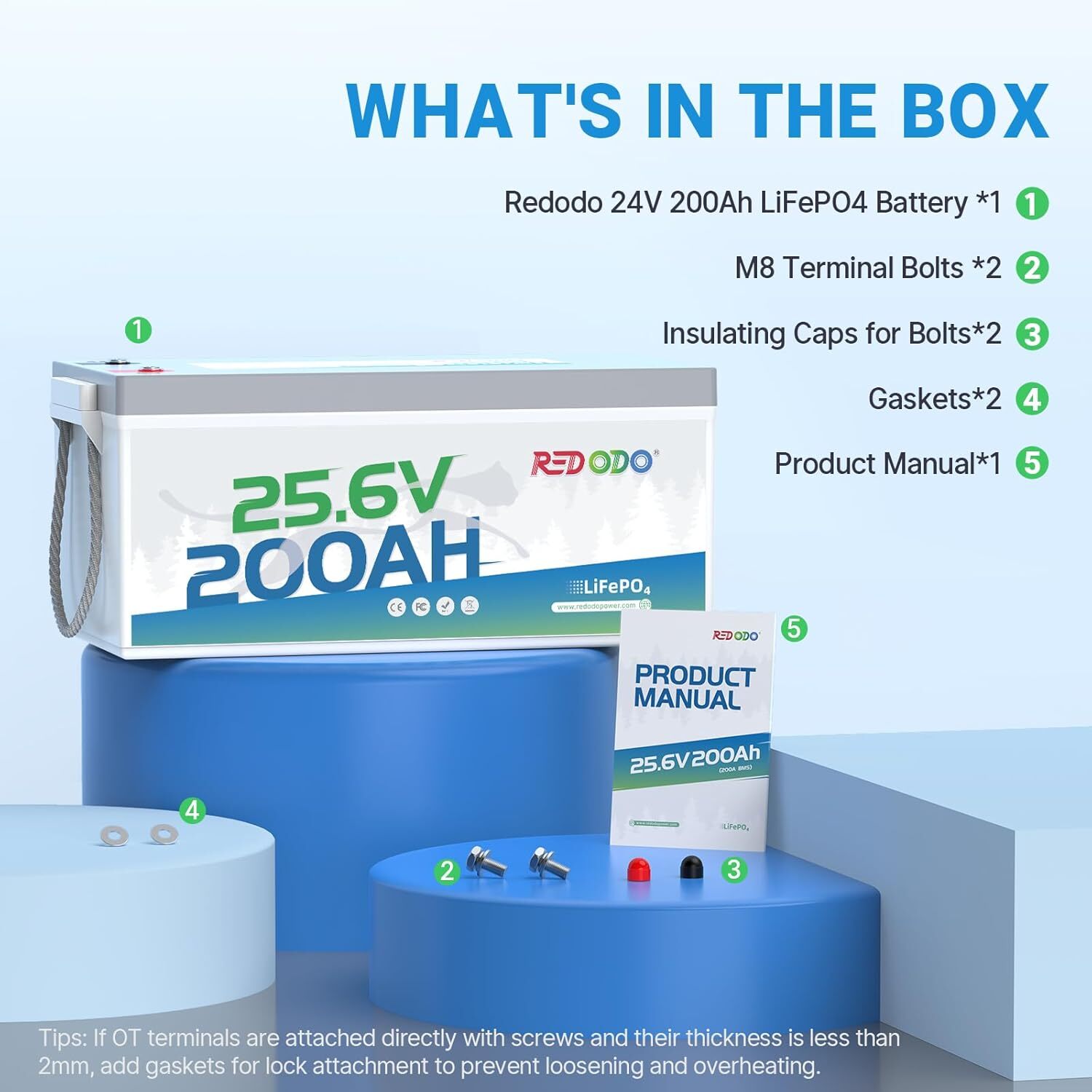 Redodo 24V 200Ah LiFePO4 Lithium Battery 200A BMS 5120Wh Energy For RV Marine
