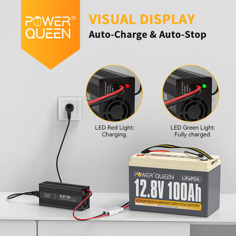 Power Queen 12V 100Ah LiFePO4 Lithium Battery W/ 14.6V 20A Charger For Solar RV