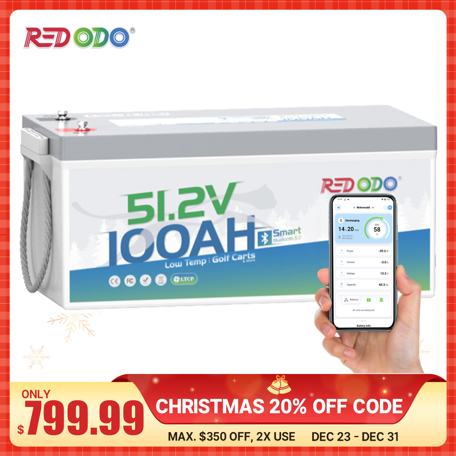 Redodo 48V 100Ah Golf Cart LiFePO4 Battery with 200A BMS Bluetooth, Low Temp