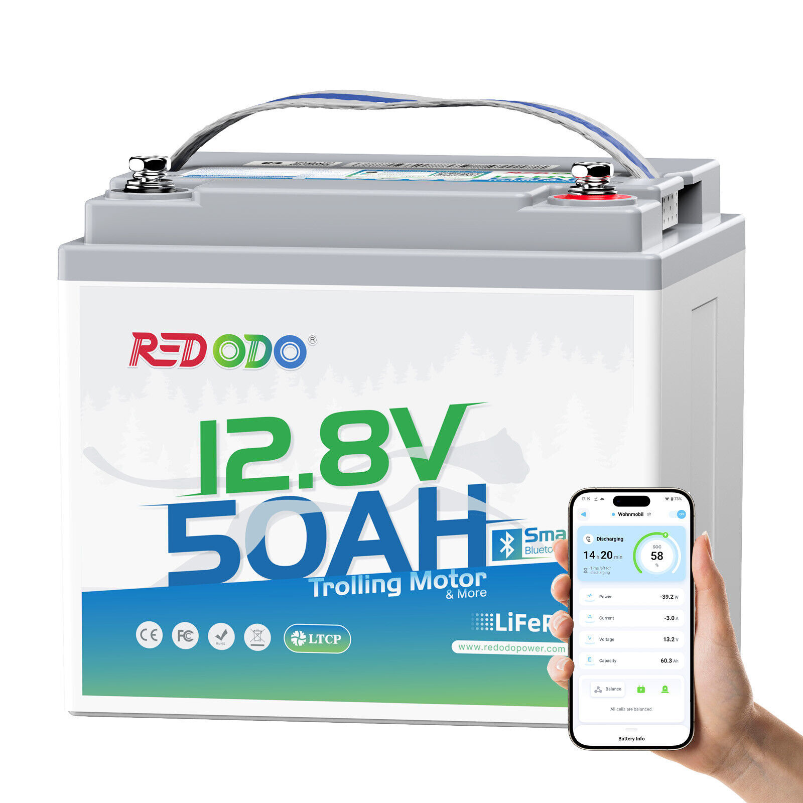 Redodo 12V 50Ah Bluetooth LiFePO4 Battery 50A BMS for Marine-Excellent Condition