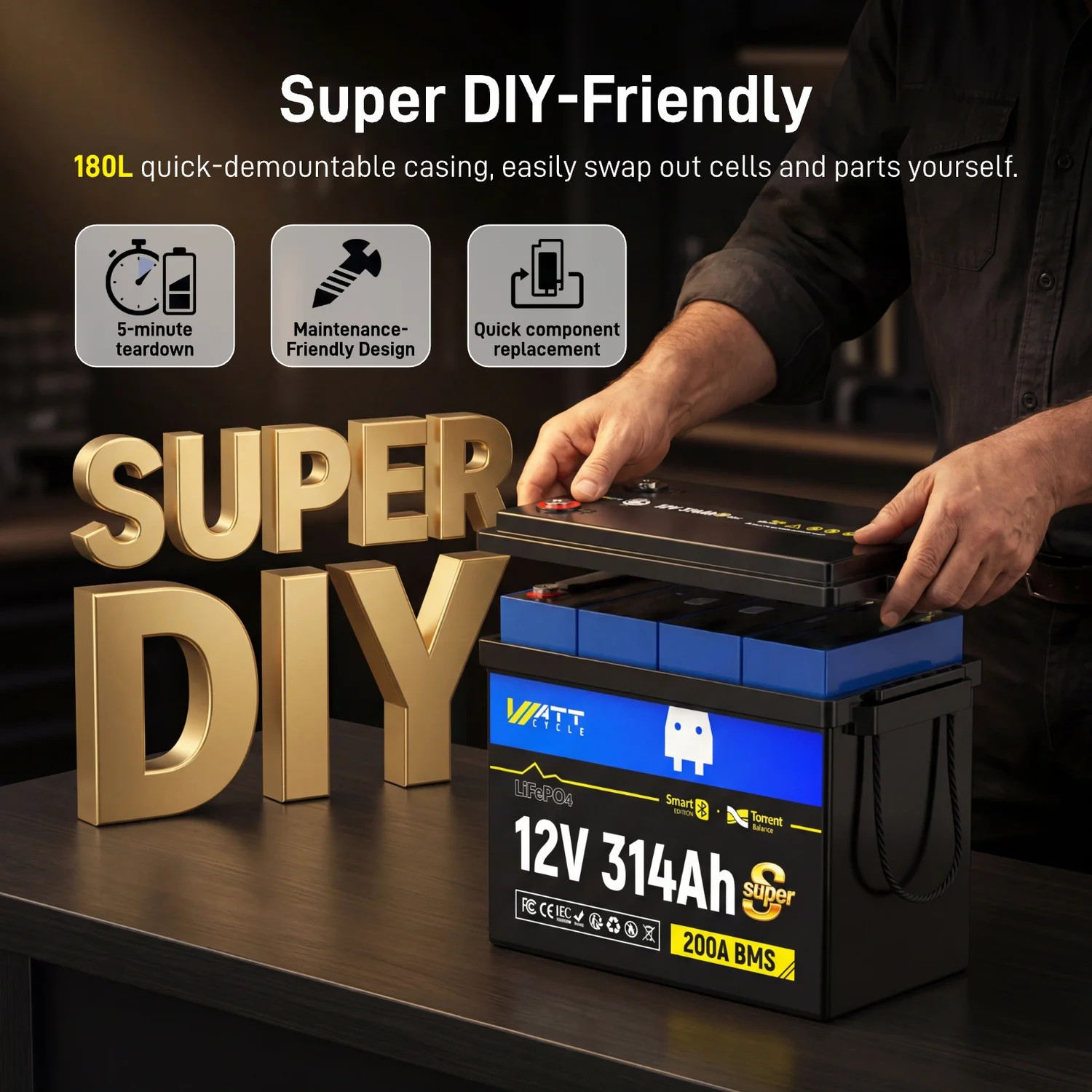 Wattcycle 12V 314Ah 300Ah 4019Wh Lithium Battery Active Balance EV Grade Cell