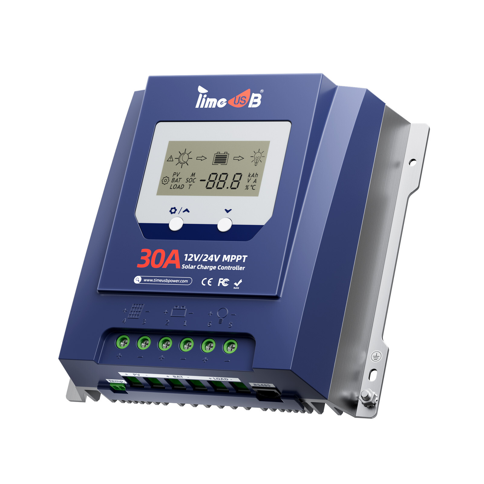 Timeusb 30 Amp MPPT 12V/24V Auto DC Input Solar Charge Controller & LCD Screen