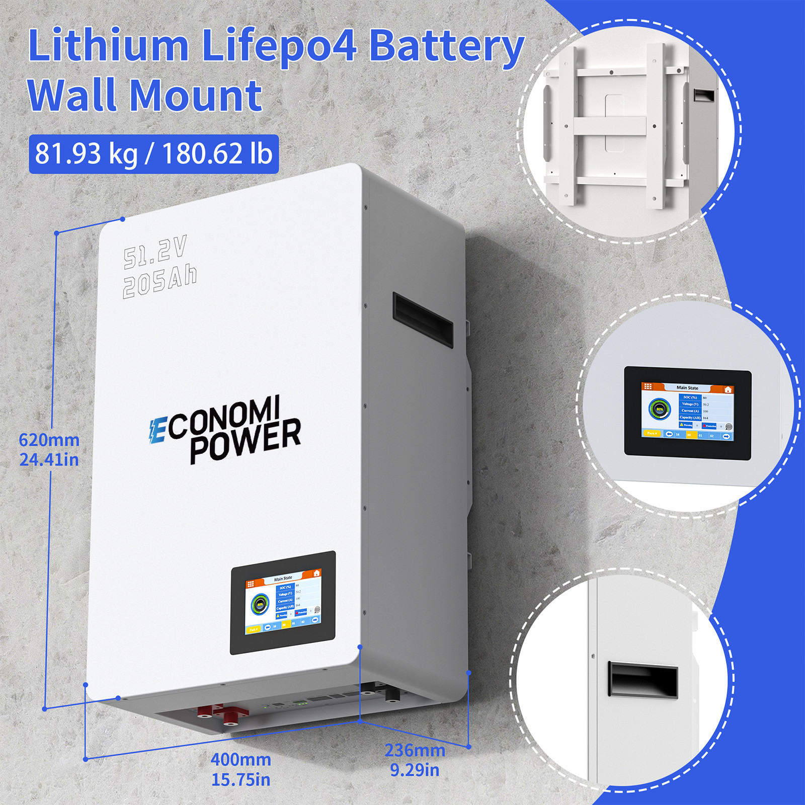 48V 51.2V 200Ah LiFePO4 Battery 10kWh Home Energy Storage Wall Mounted with BMS