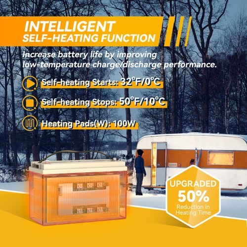 Power Queen 12V 100Ah Auto-Heating LiFePO4 Lithium Battery BMS Support Low Temp.