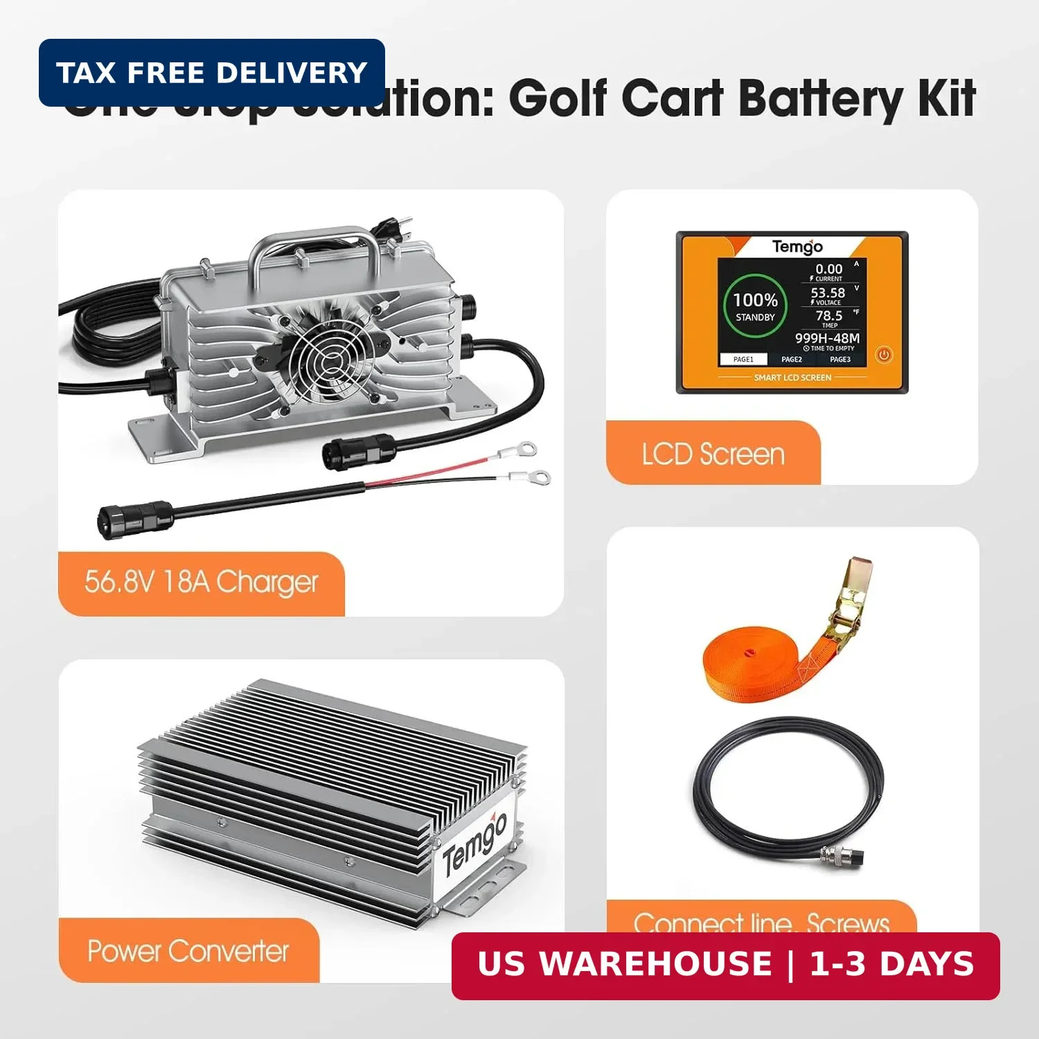 48V (51.2V) 100Ah LiFePO4 Lithium Golf Cart Battery, Built-in 200A BMS, Complete