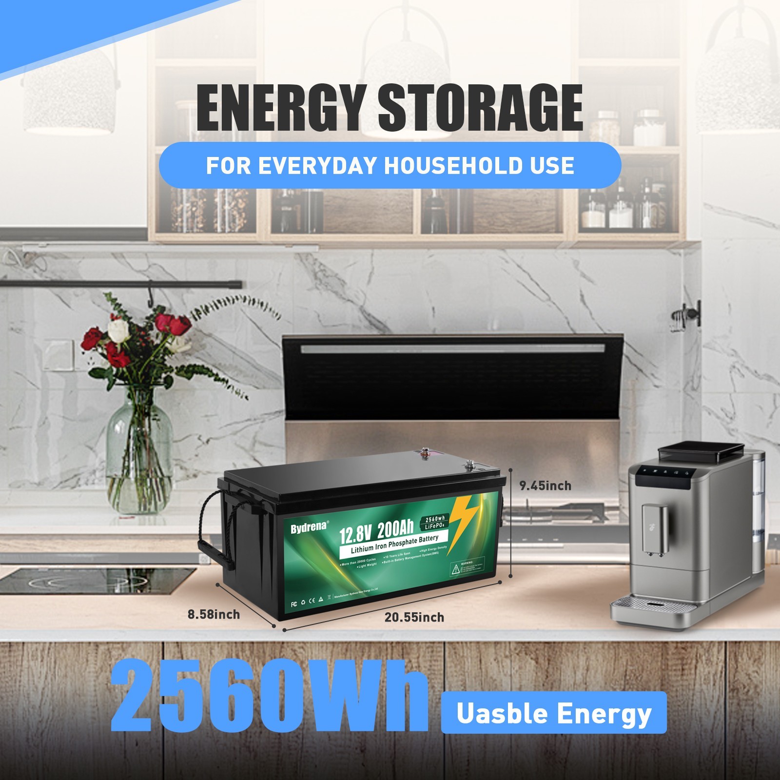 12V 200Ah LiFePO4 Lithium Battery 2560Wh Deep Cycle for RV Solar Marine Off-grid