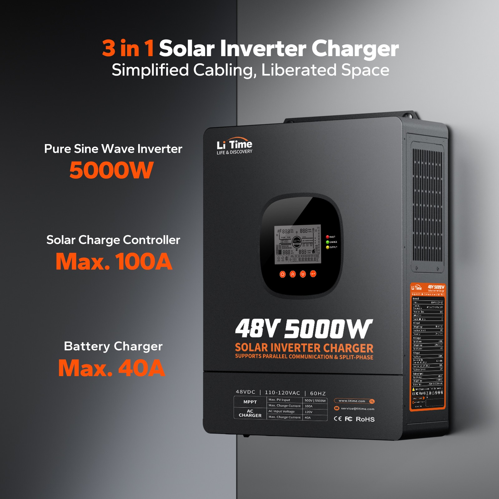 LiTime 48V 100Ah COM Bluetooth Lithium Battery with 5kW Solar Inverter Charger