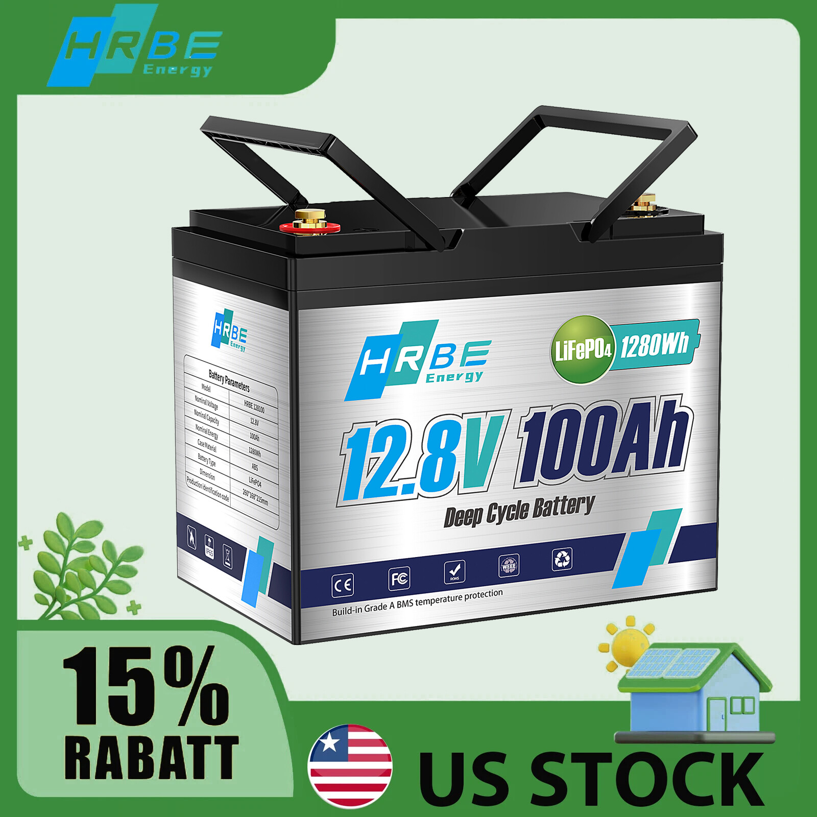 12V 100Ah LiFePO4 Lithium Battery BMS Deep Cycle For RV Solar Energy 1280Wh