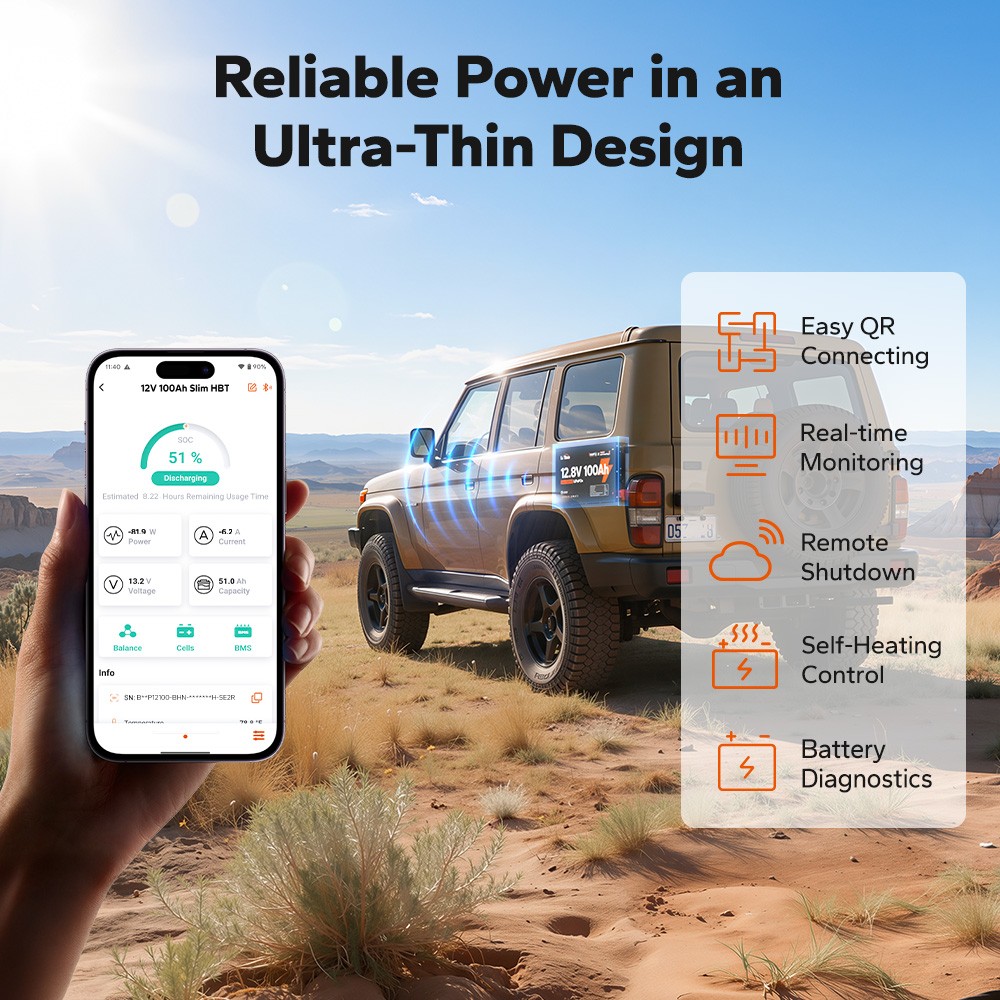 LiTime 12V 100Ah Slim Bluetooth Heating Metal Case Lithium Battery For RV Truck