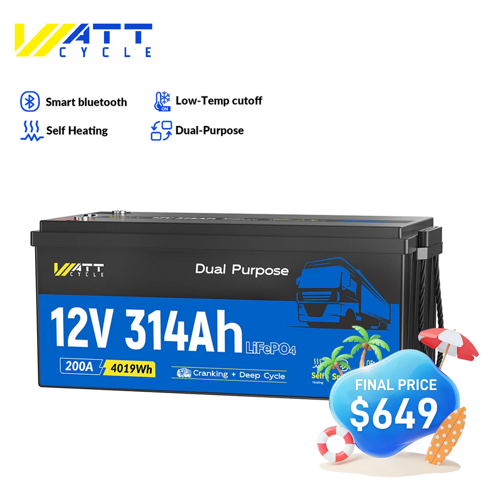 12V 314Ah 300Ah LiFePO4 Lithium Battery Dual Purpose Self-Heating Semi Truck