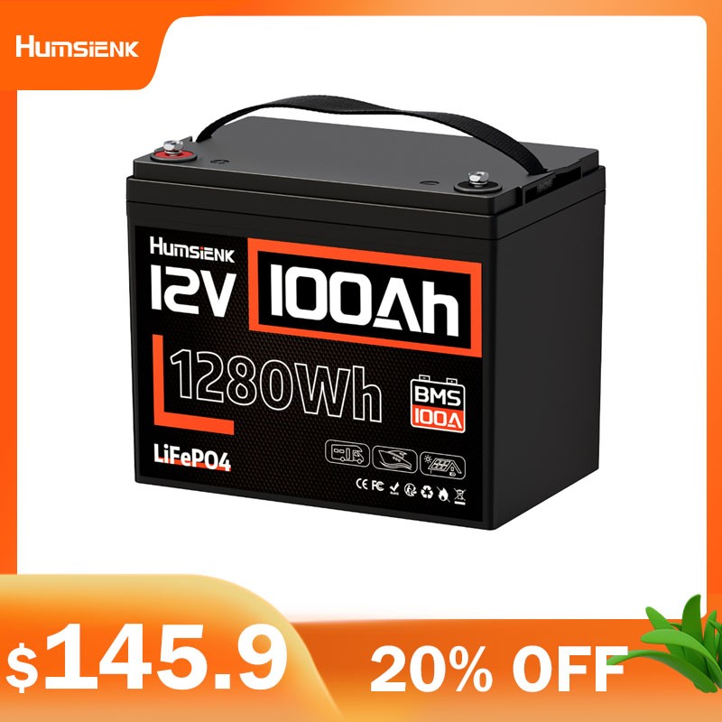 Humsienk 12V 100Ah 1280Wh Lithium Battery LiFePO4 Group 24 Deep Cycles Camping