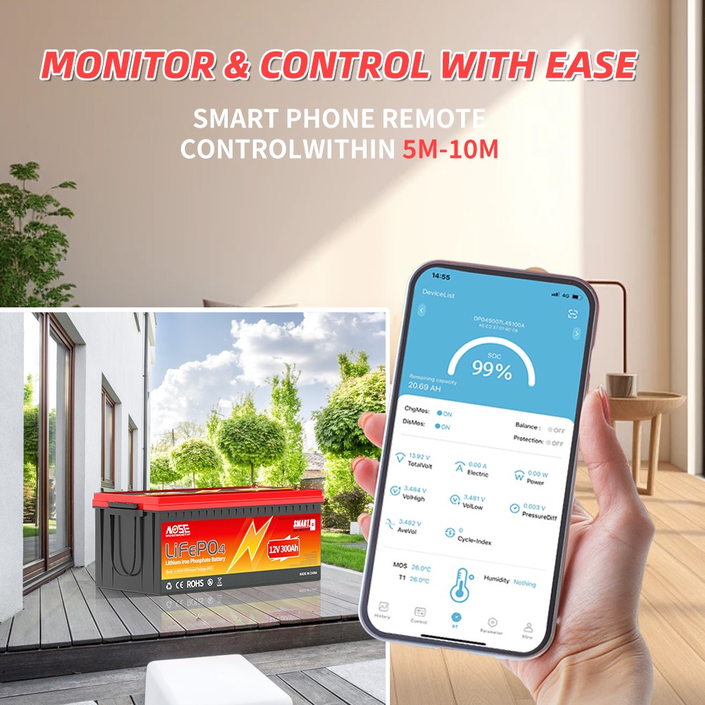 MOSEWORTH 12V 300Ah LiFePO4 Lithium Battery 200A BMS Bluetooth Trolling RV Solar
