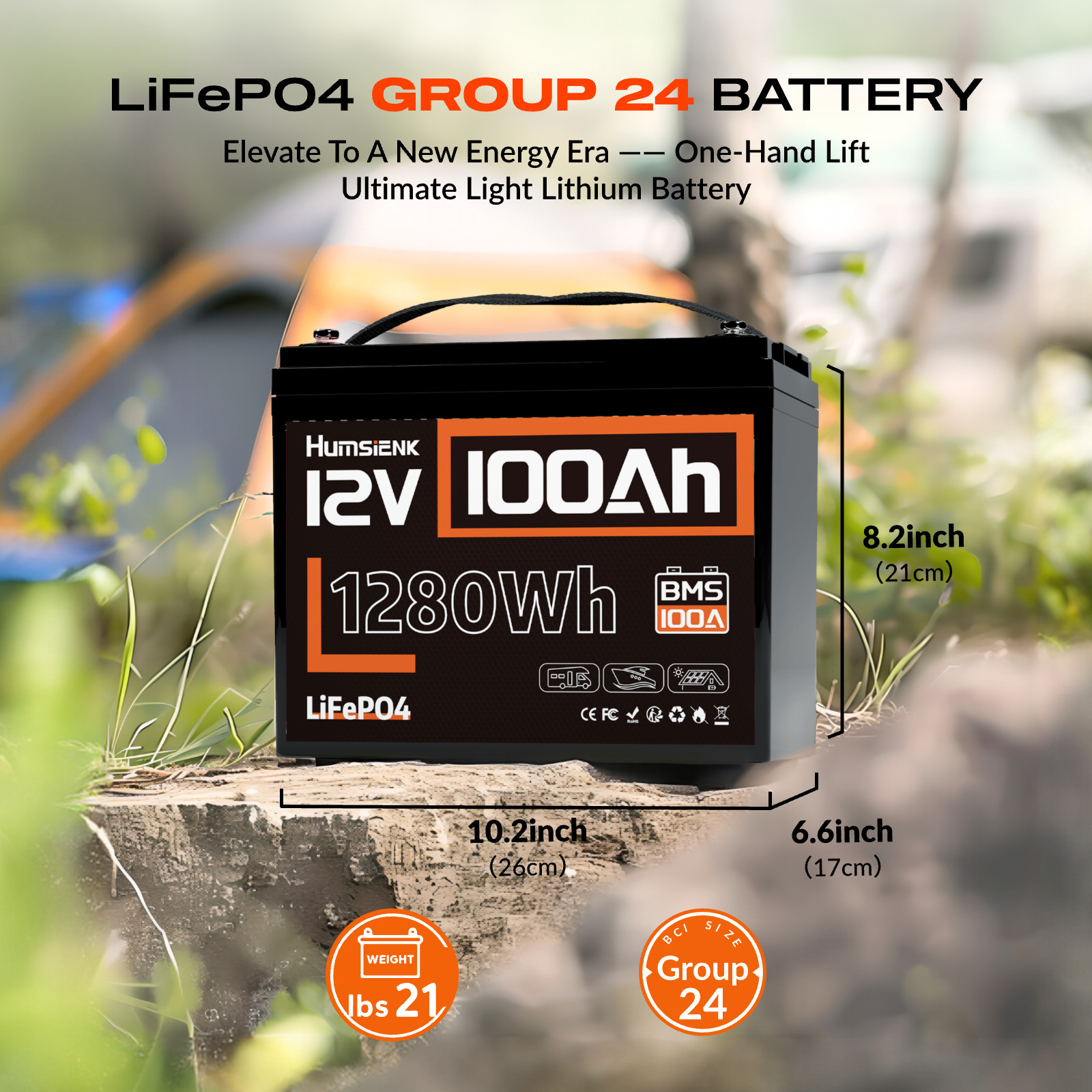 Humsienk 12V 100Ah 1280Wh Lithium Battery LiFePO4 Group 24 Deep Cycles Camping