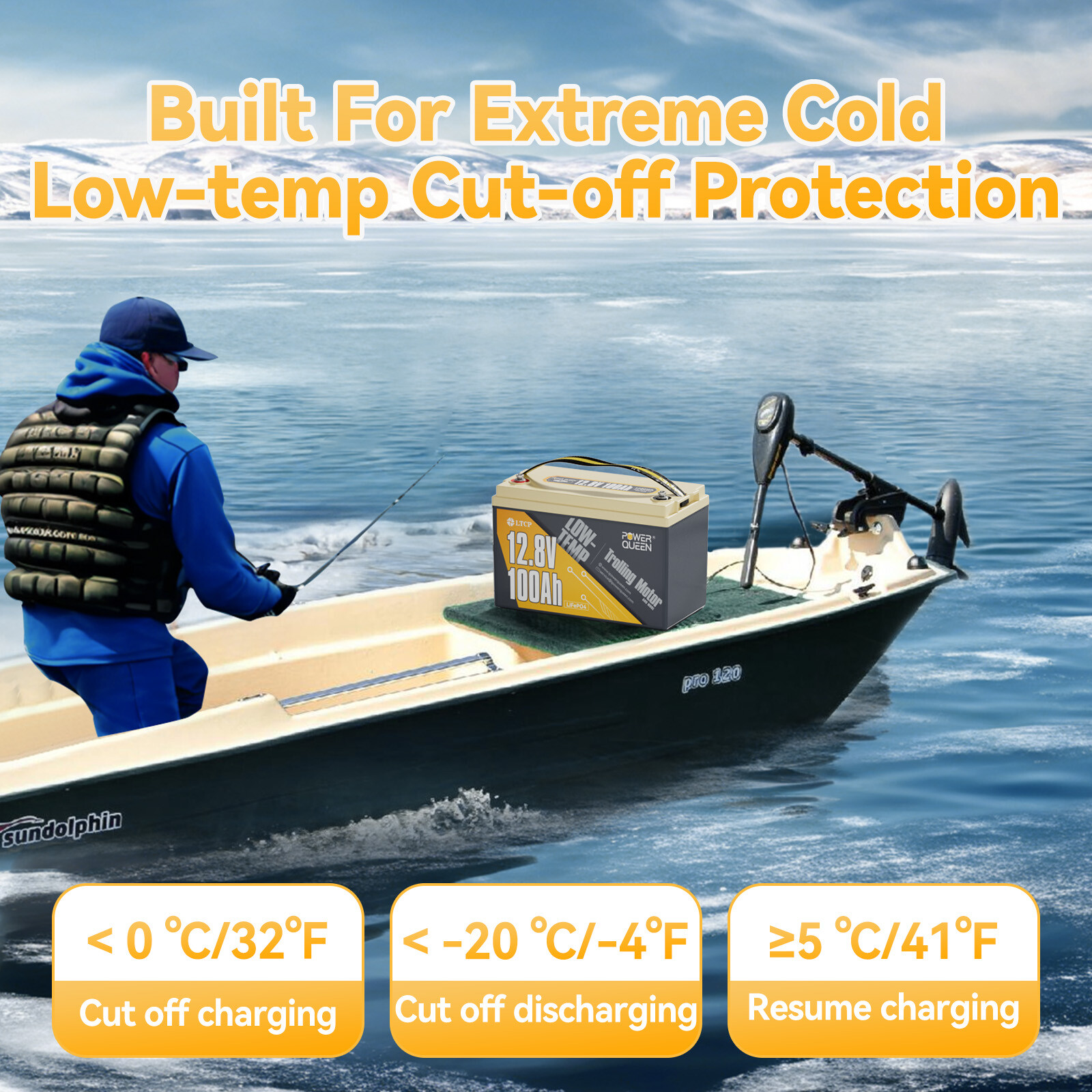 Power Queen 12V 100Ah Low-Temp Cut-off Trolling Motor LiFePO4 Battery BMS Used
