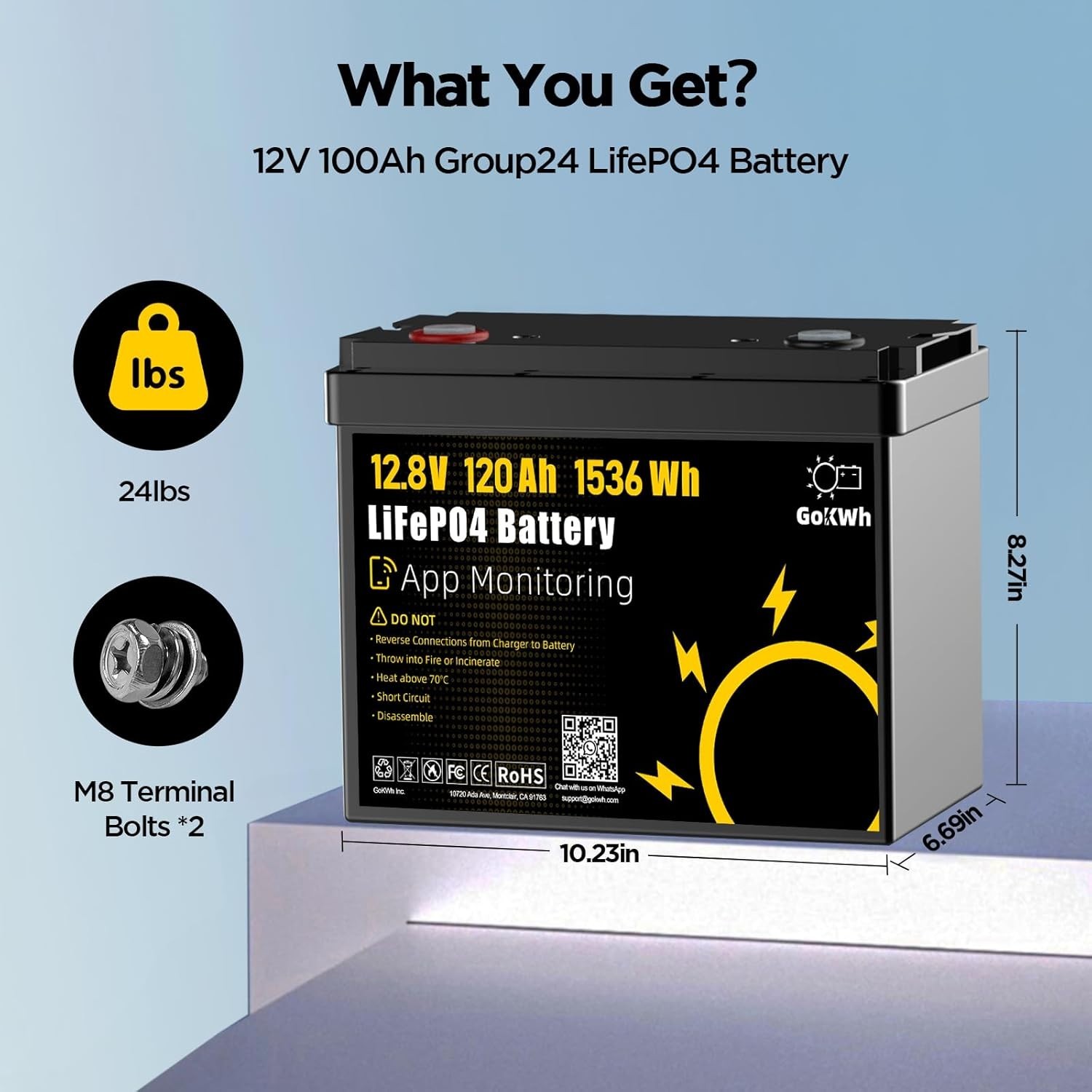 12V 120Ah LiFePO4 Lithium Battery 1536Wh – Smart APP & Bluetooth 5.0, 100A BMS