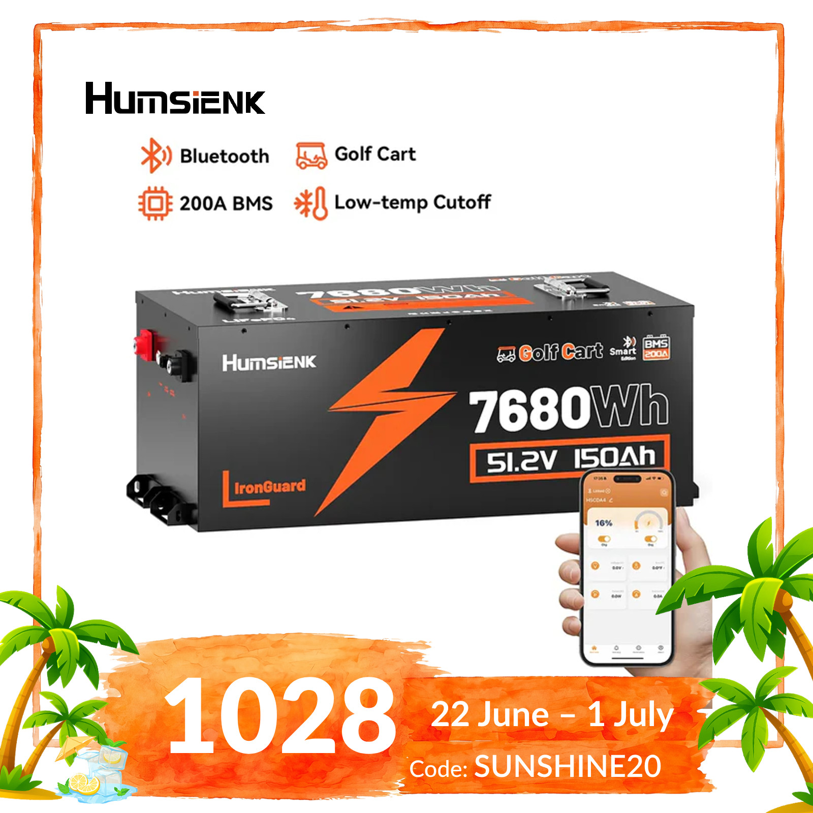 48V 150Ah LiFePO4 Lithium Golf Cart Battery Metal Case 15000+ Cycles Bluetooth