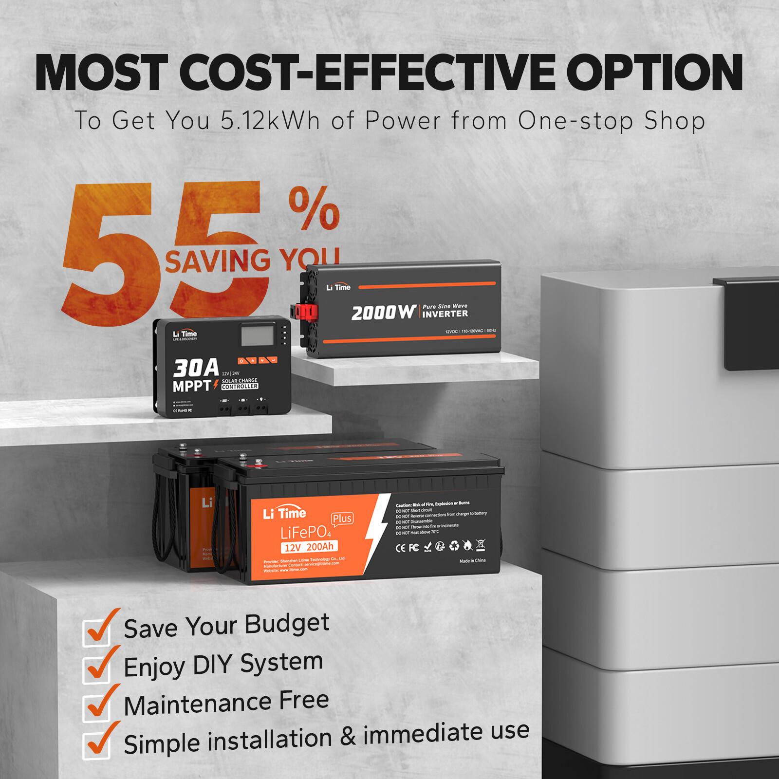 LiTime 5.12kWh Energy 12V 200Ah PLUS LiFePO4 12/24V 30A MPPT 12V 2000W Inverter