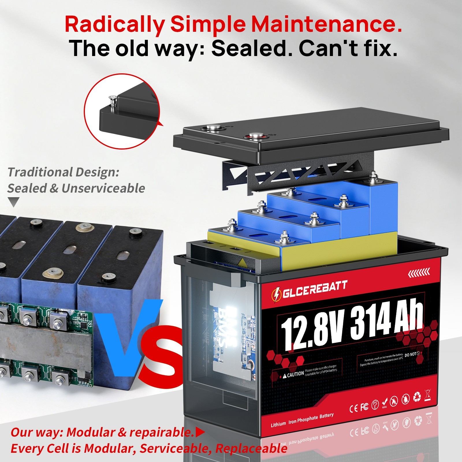 12V 300Ah (314Ah) LiFePO4 Battery 200A BMS 15000+ Cycle For RVs Camping Off-grid