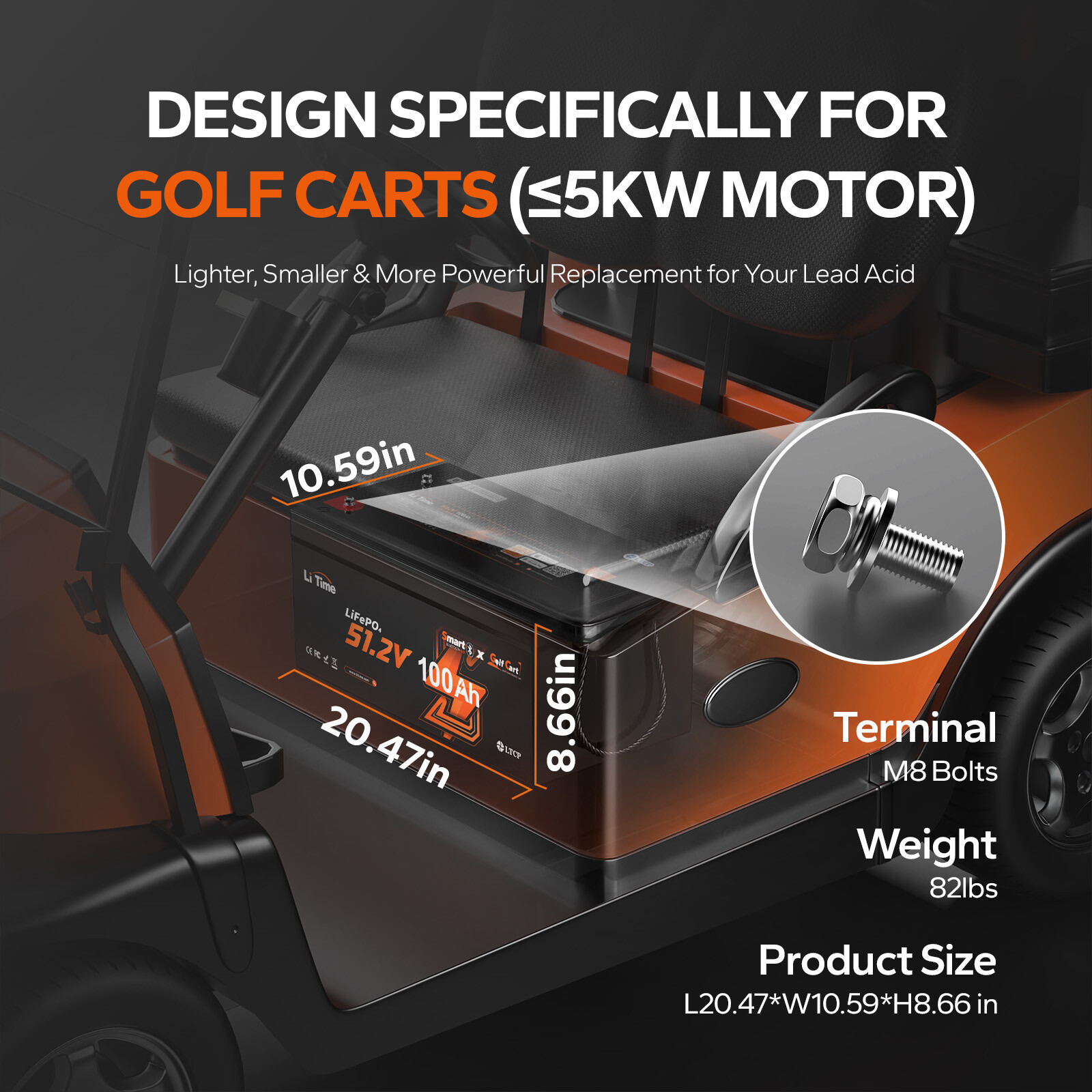 LiTime 48V 100Ah Golf Cart Bluetooth Lithium Battery LiFePO4 Support 5kW Motor
