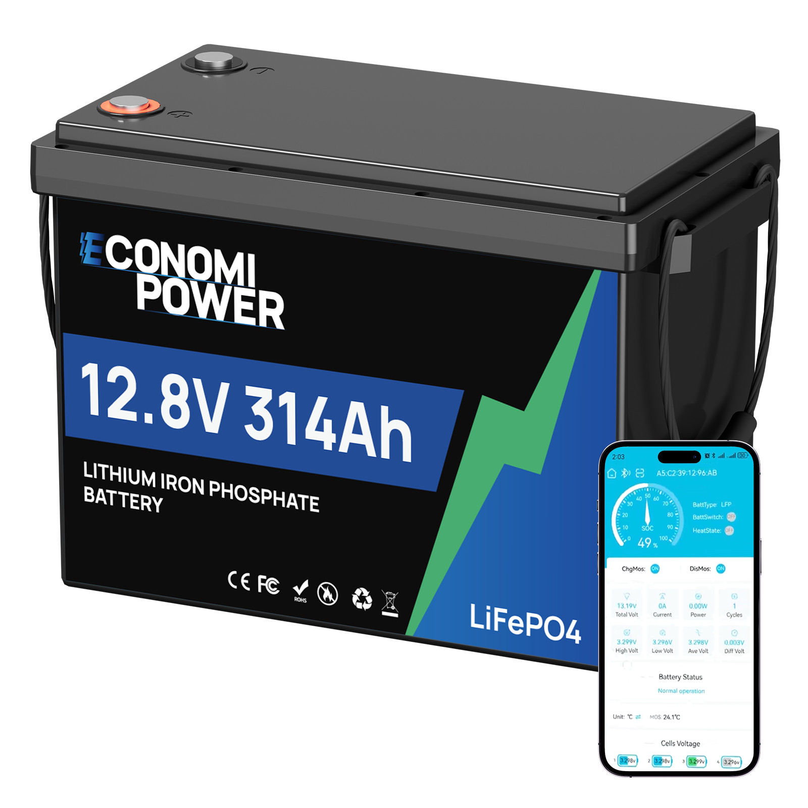 12V 300Ah LiFePO4 Battery, Actually 314Ah Bluetooth 200A BMS for Solar RV Marine