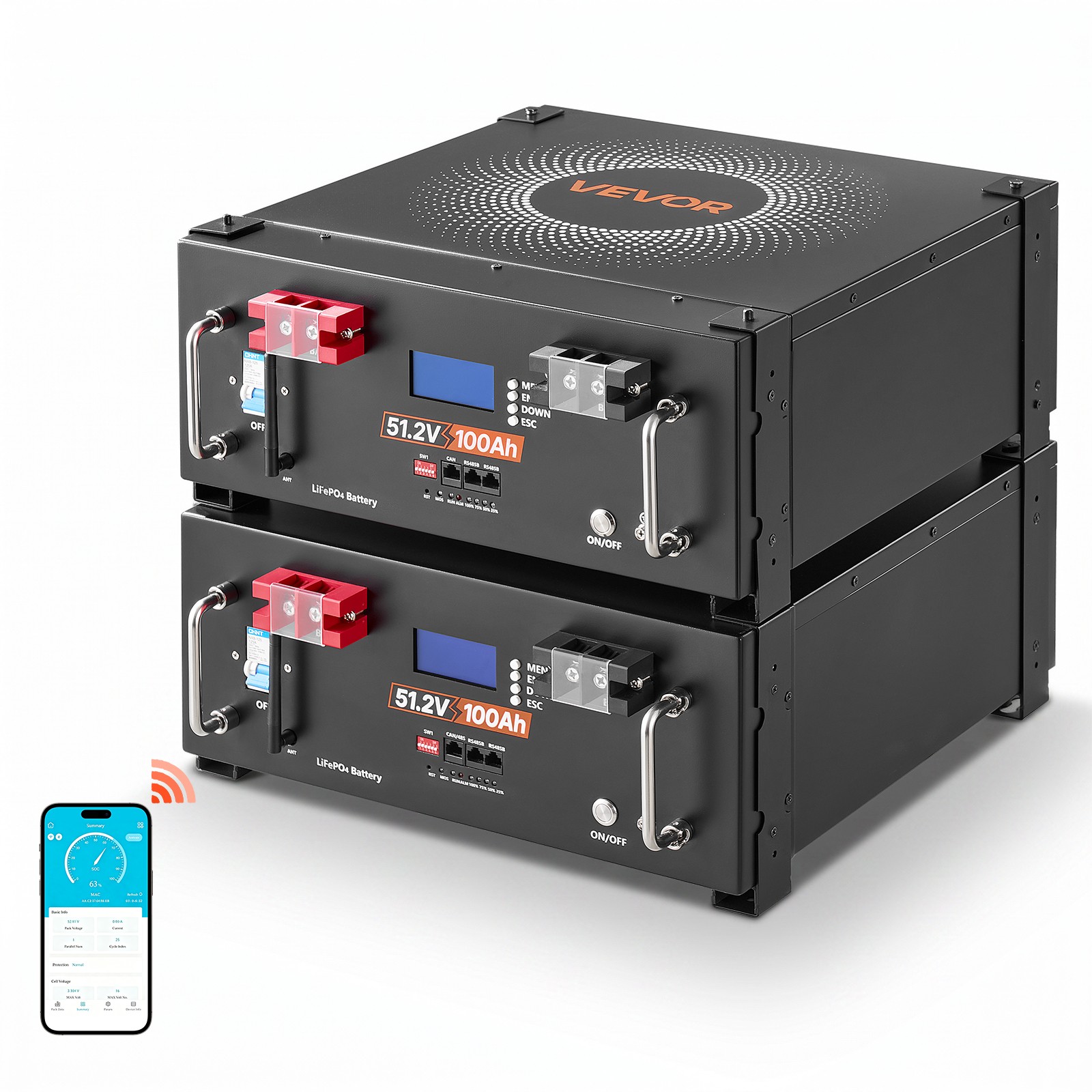 VEVOR 48V 100Ah LiFePO4 Lithium Battery 100A BMS 51.2V Server Rack Battery 2 Pcs