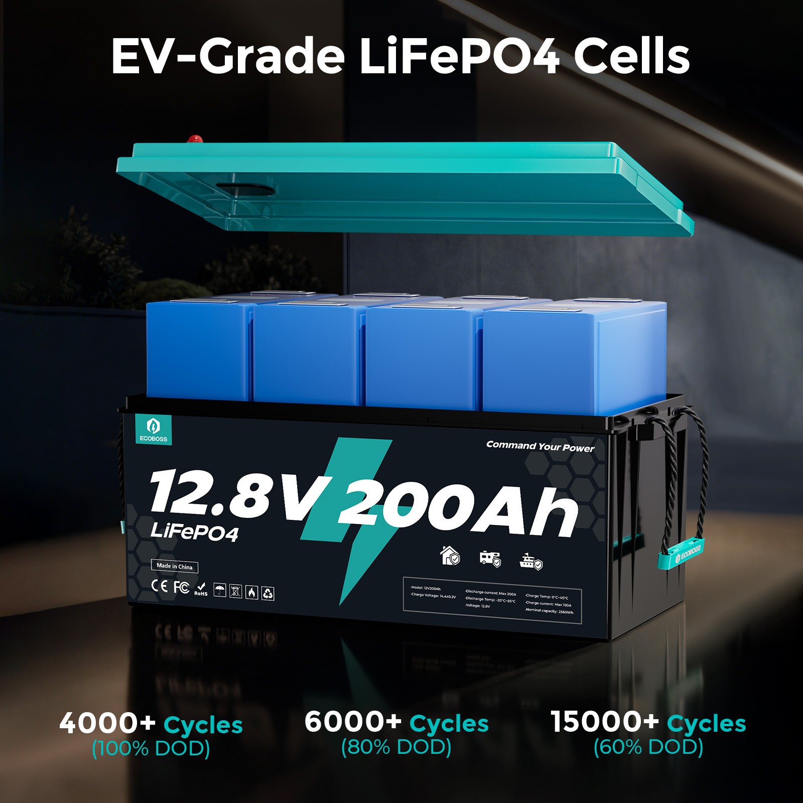 12V 200Ah LiFePO4 Battery 200A BMS 2560Wh Low Temp Protection for RVs Off-Grid