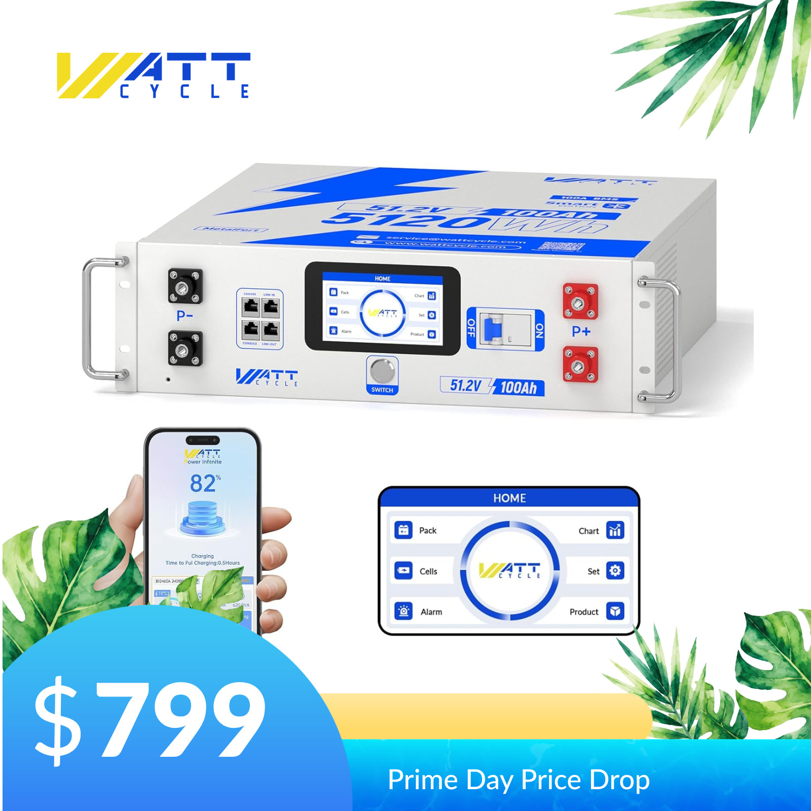 48V 100Ah 5120Wh LiFePO4 Lithium Battery Active Balancing LCD Home Solar System