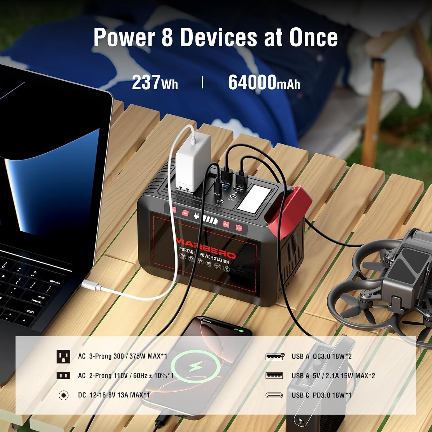 MARBERO 300W 237Wh Portable Power Station Solar Generator Camping Battery Bank