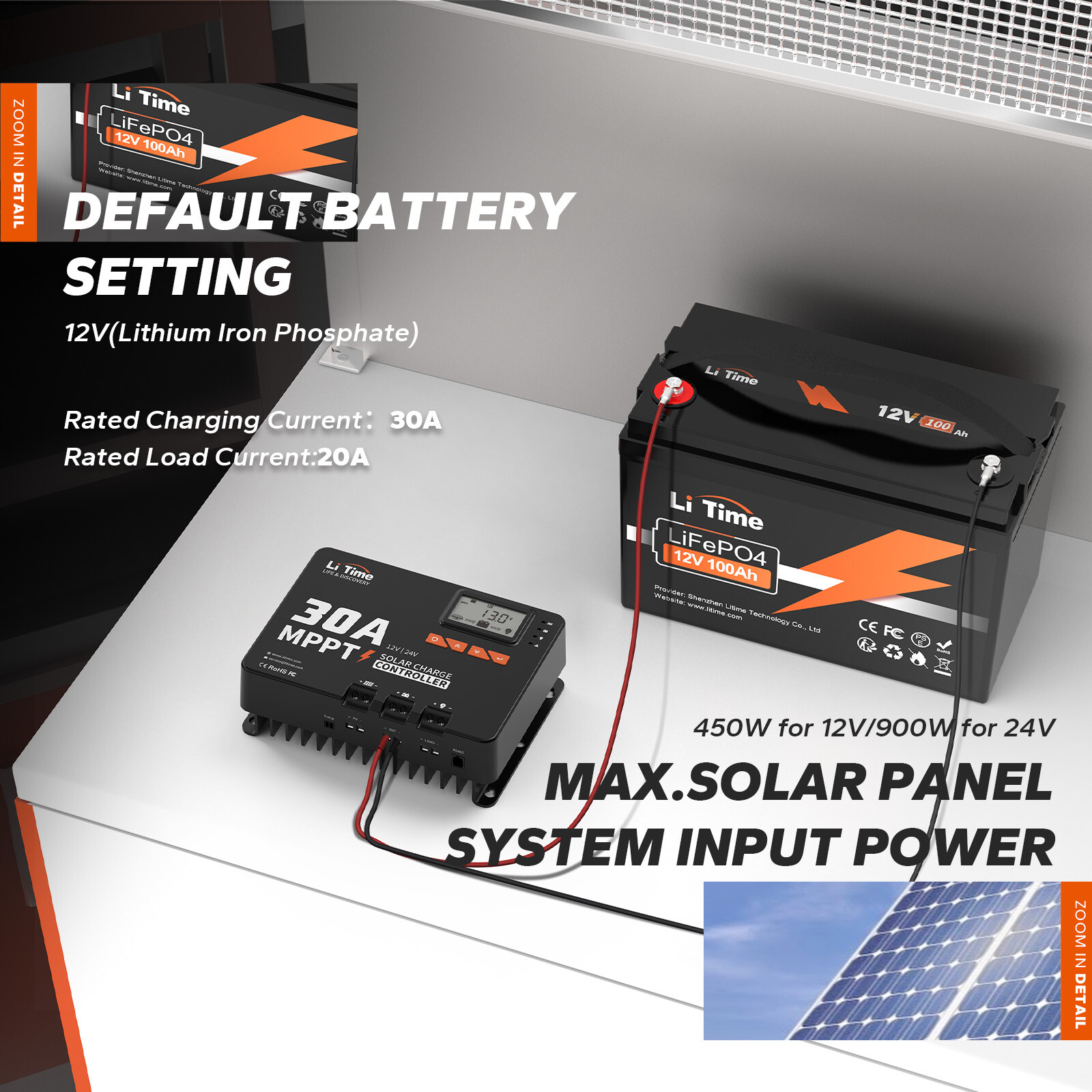 LiTime 3.84kWh Battery System 3x12V 100Ah LiFePO4+30A MPPT+2000W Inverter for RV