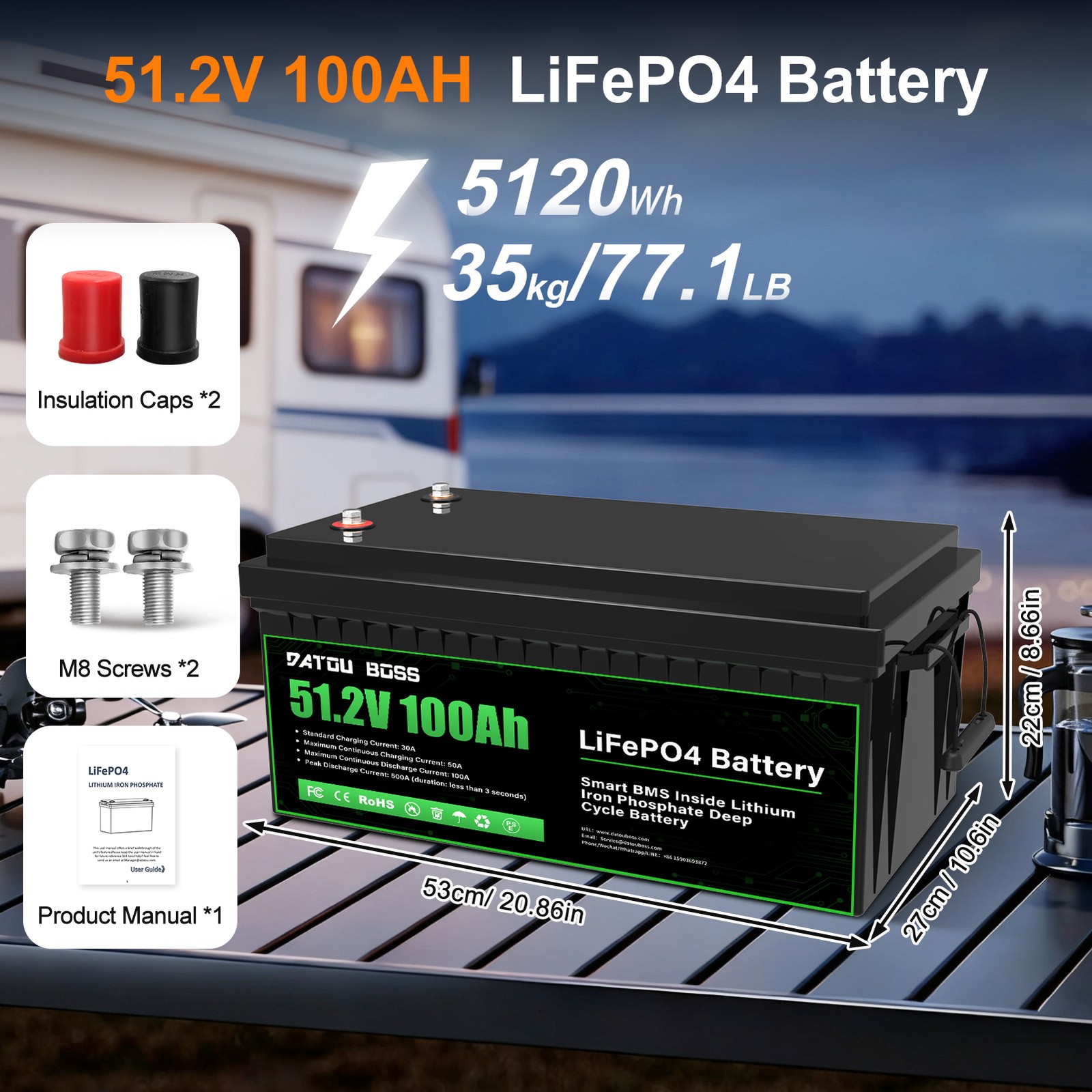 51.2V 100AH Lithium Battery Rechargeable LiFePO4 15000+ Built-in BMS RV Golf Car