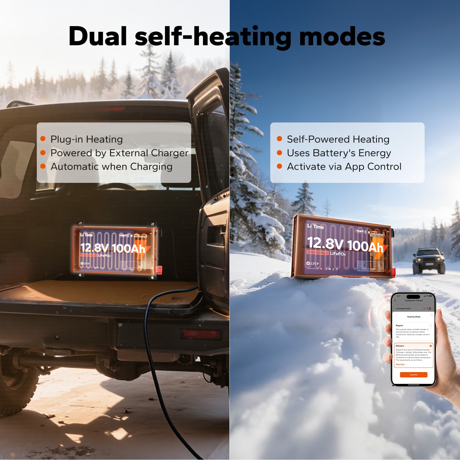 LiTime 12V 100Ah Slim Bluetooth Heating Metal Case Lithium Battery For RV Truck