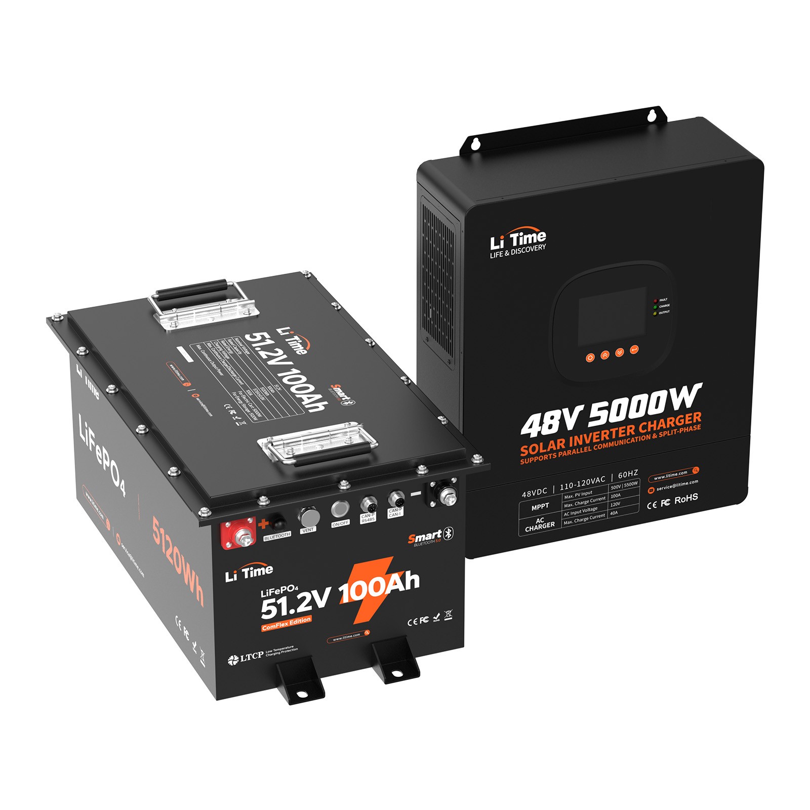 LiTime 48V 100Ah COM Bluetooth Lithium Battery with 5kW Solar Inverter Charger