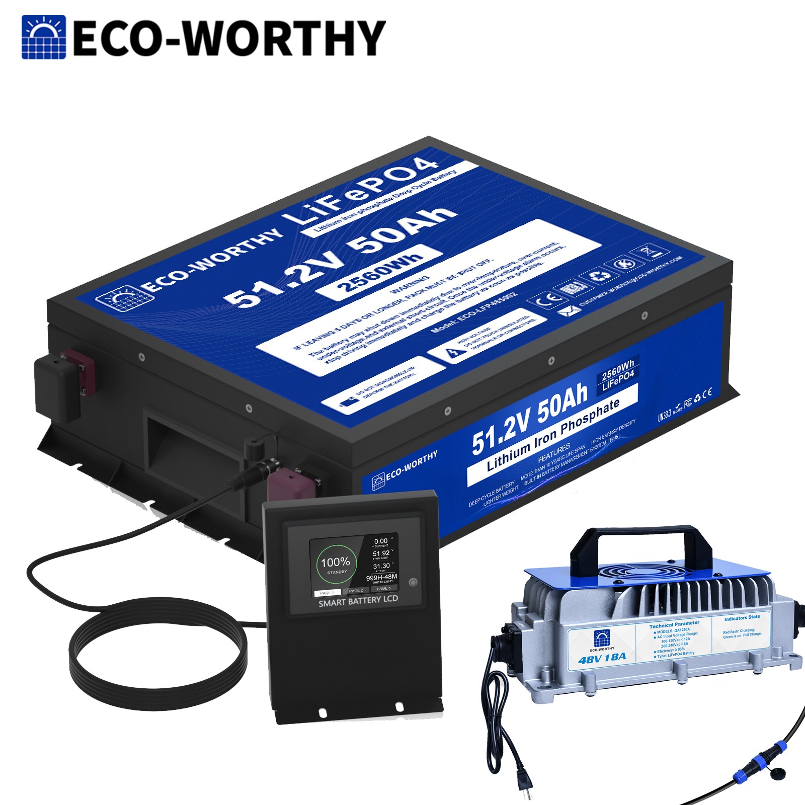 ECO-WORTHY 48V 50Ah LiFePO4 Lithium Battery Golf Cart Monitor with 18A Charger