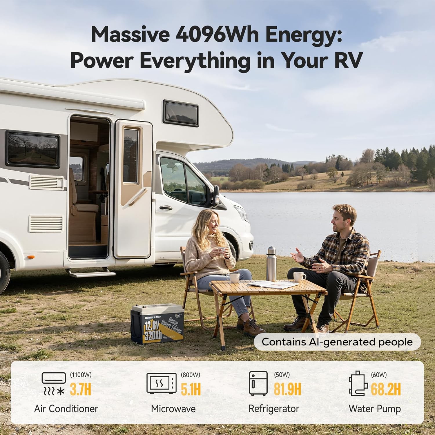 Power Queen New 12V 320Ah Bluetooth LiFePO4 Mini Battery 2560Wh For RV Trailer