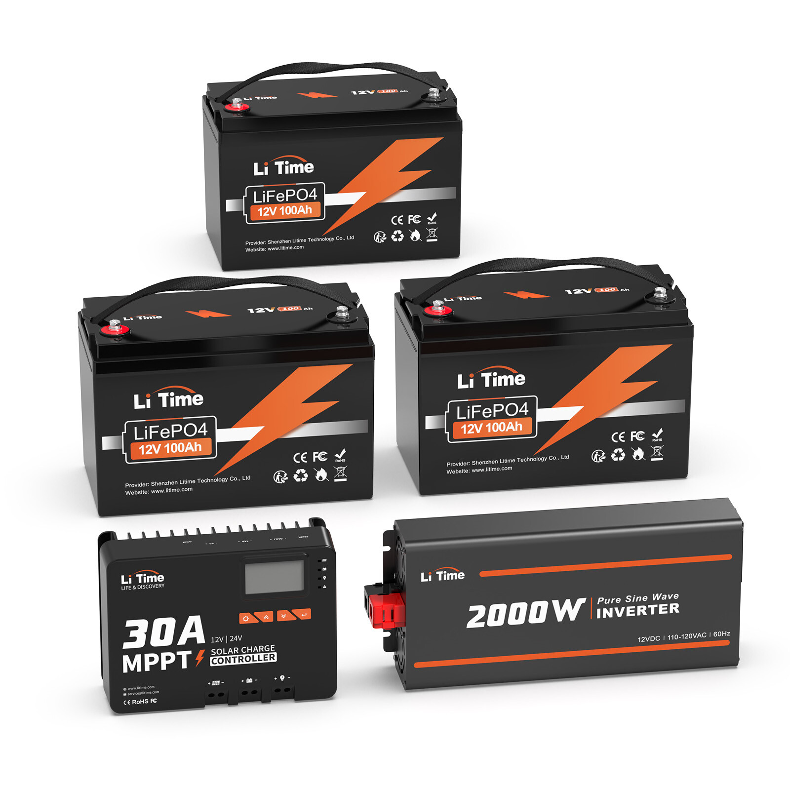 LiTime 3.84kWh Battery System 3x12V 100Ah LiFePO4+30A MPPT+2000W Inverter for RV