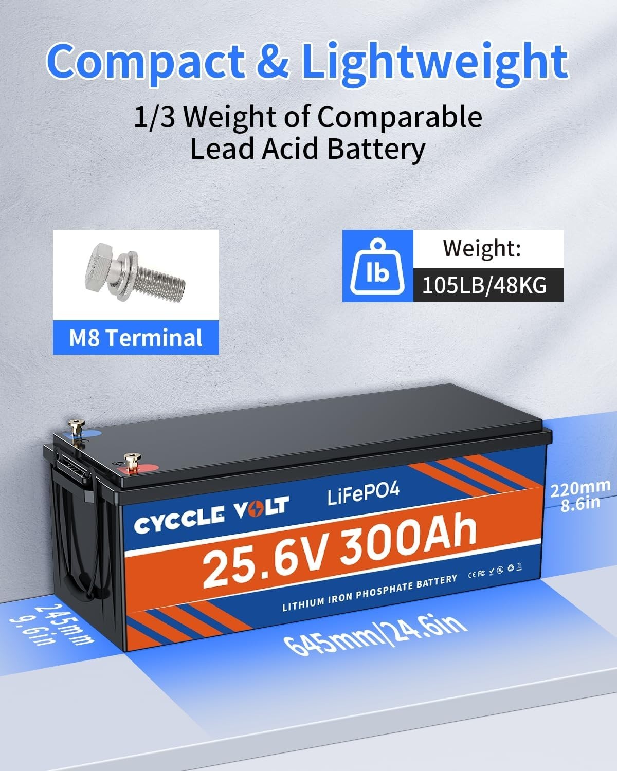 24V 300Ah LiFePO4 Lithium Battery 7.68KW 20000+ Deep Cycle 200A BMS RV Solar