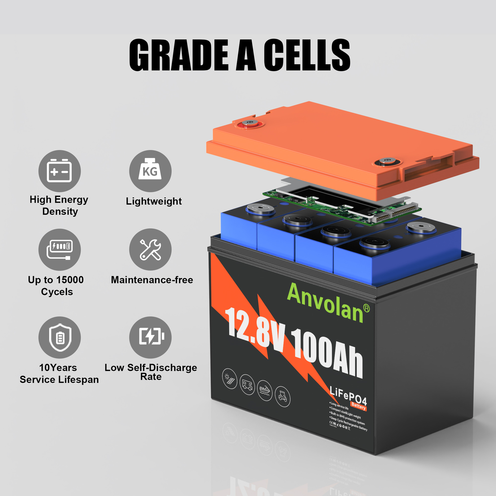 12V 100Ah Lithium Iron Phosphate LiFePO4 Battery 100A BMS for Solar Off-grid RV