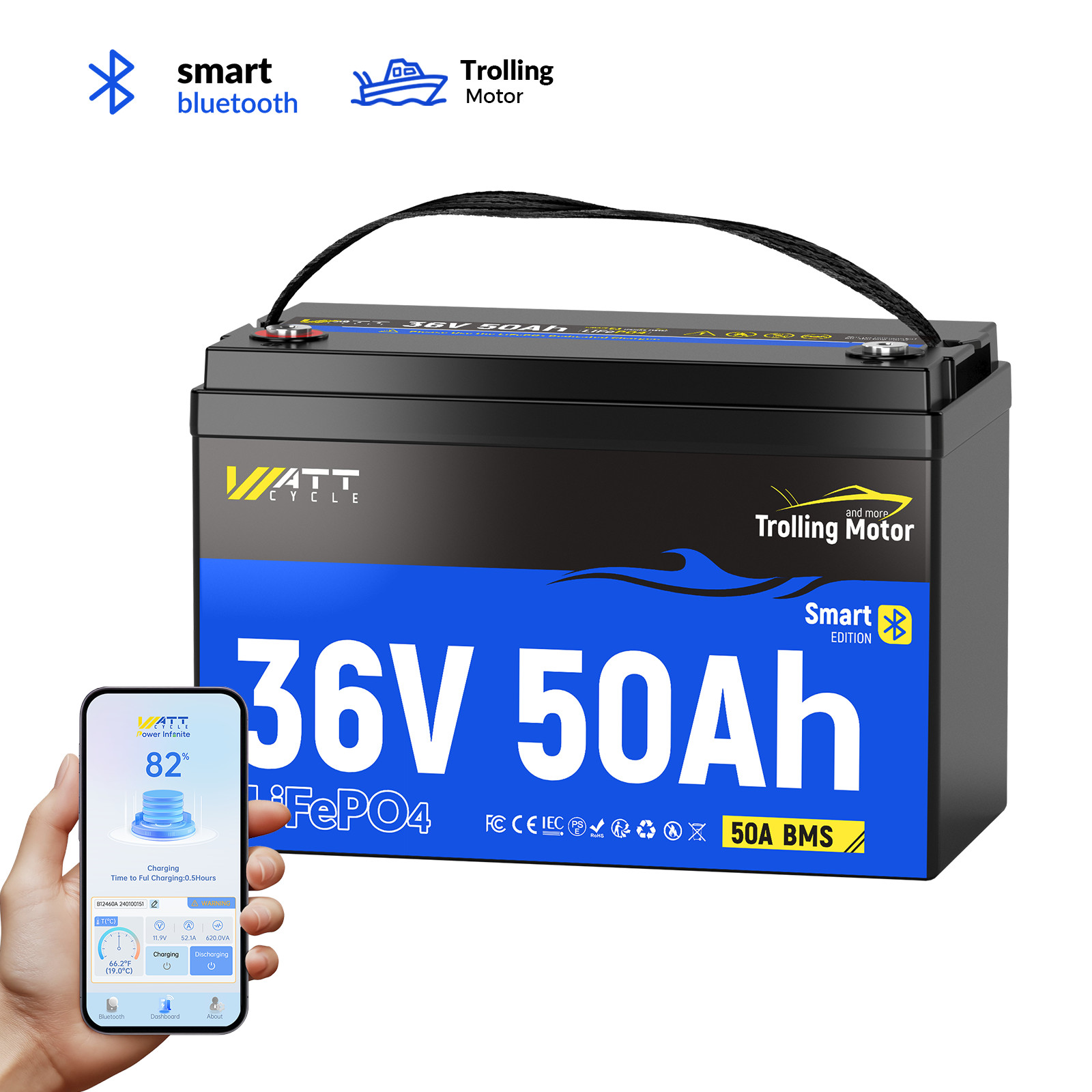 Wattcycle 36V 50Ah 1920Wh LiFePO4 Battery EV Grade Cell Bluetooth Trolling Motor