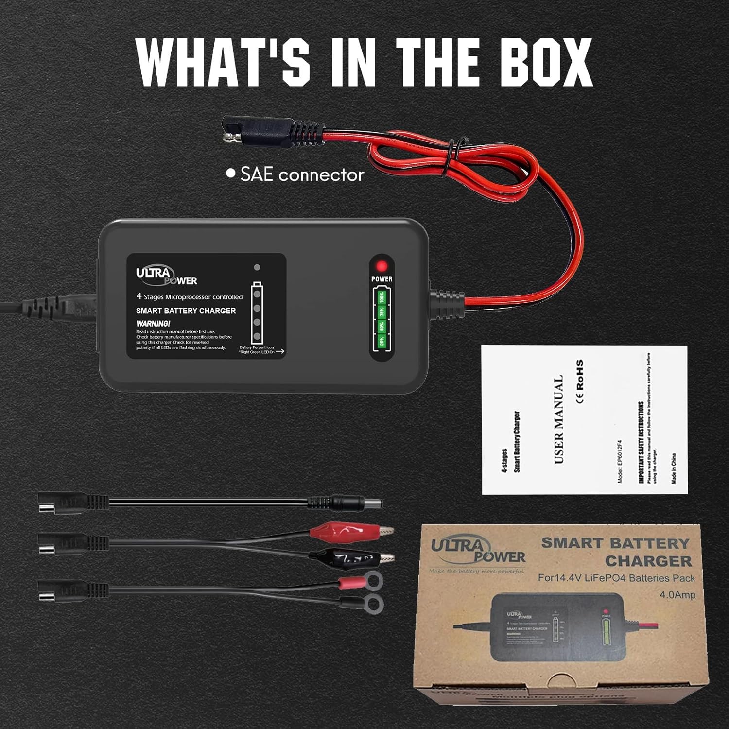 ULTRAPOWER 14.6V 4A LiFePO4 Battery Charger,Smart Lithium Battery Charger with