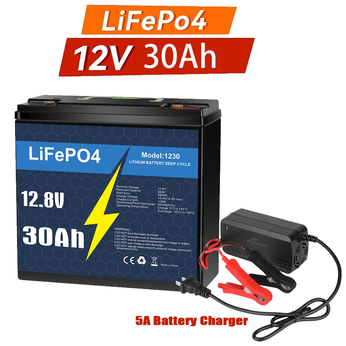 12V 30Ah LiFePO4 Lithium Battery 5000+Cycle Deep for Solar RV Off-grid & Charger