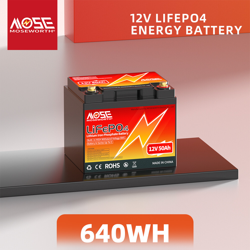 MOSEWORTH 12V 50Ah LiFePO4 Lithium Battery 8000+ Deep Cycle BMS for Marine Solar