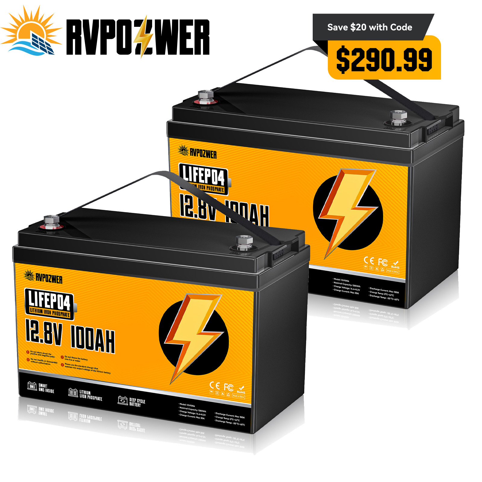24V 100Ah LiFePO4 Lithium Battery 2Pack 12V 100Ah BMS For Boat RV Solar Off-grid