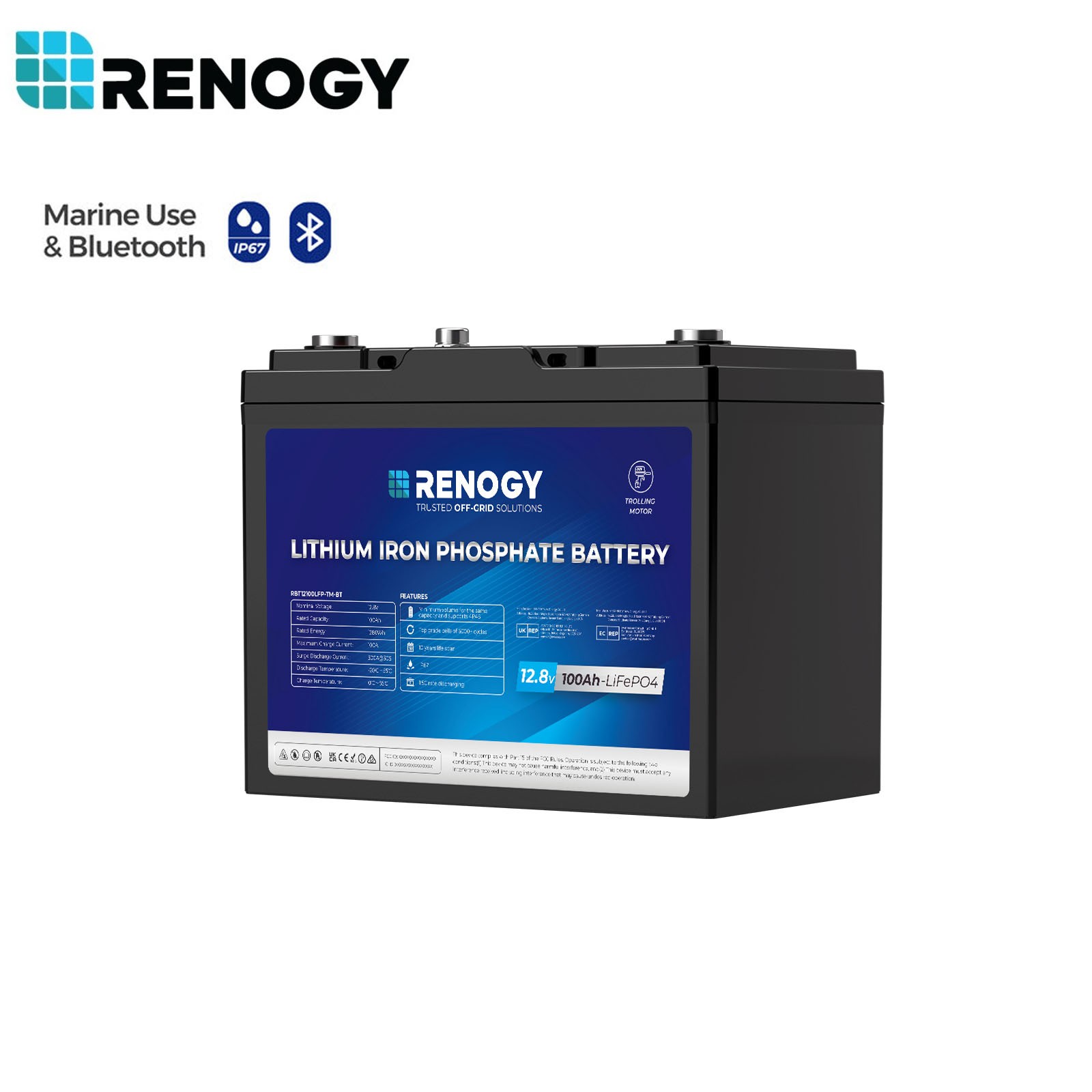 Renogy 12V 100Ah Trolling Motor Lithium Iron Phosphate Battery with Bluetooth