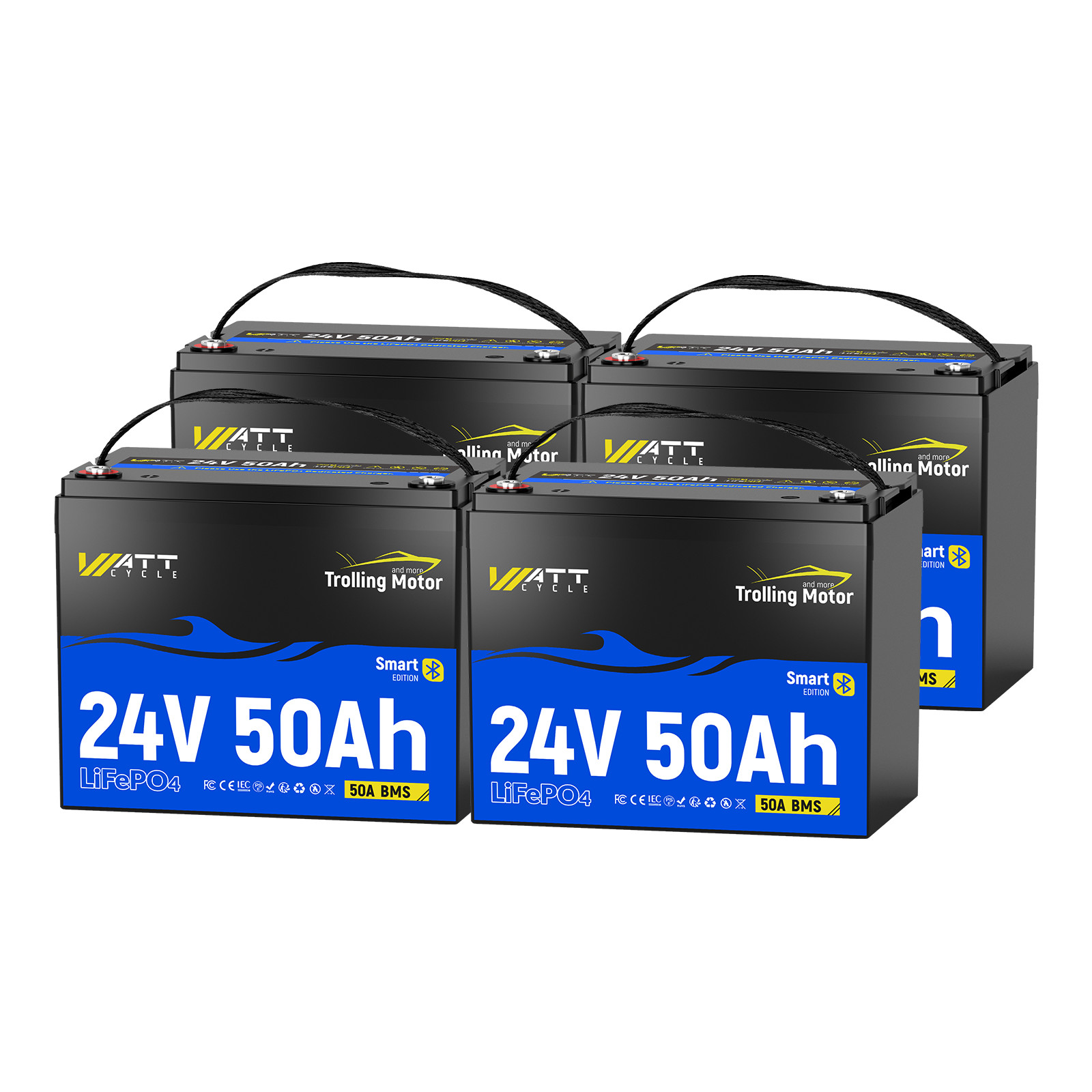 4Pack 5120Wh Wattcycle 24V 50Ah LiFePO4 Battery Bluetooth Boat Solar Off-Grid
