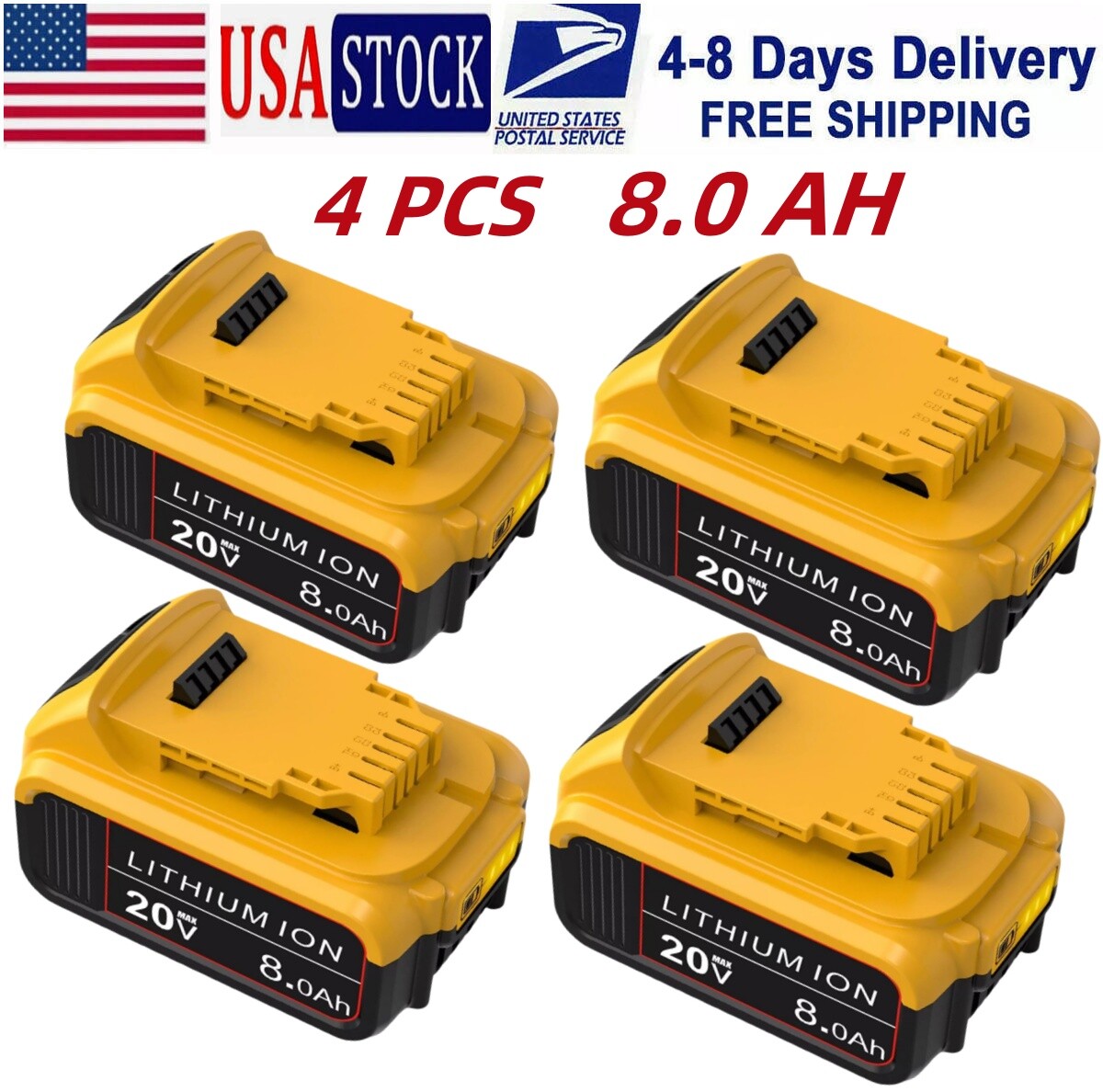 4 pack DCB200 Replacement 8.0AH For DeWalt 20V Max Lithium Battery DCB204 DCB205