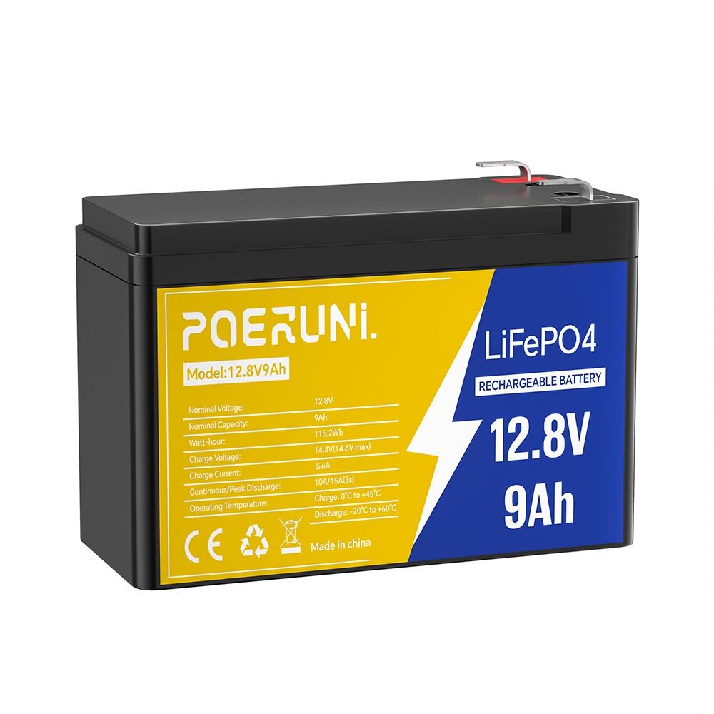 12V 9Ah LiFePO4 Battery POERUNI with BMS Protection – Rechargeable & Long Life