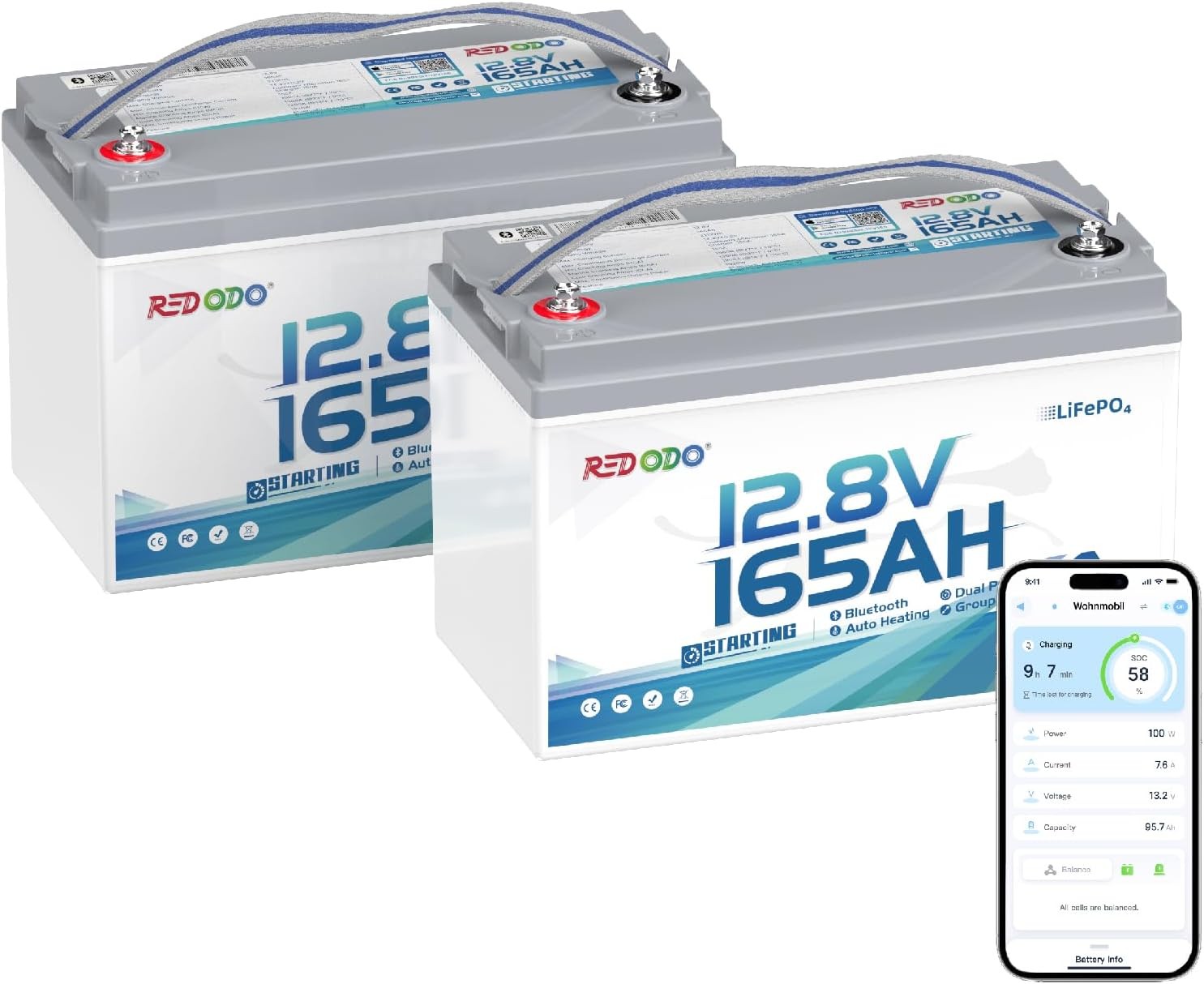 Redodo 2 Pack Bluetooth 12V 165Ah Dual Purpose Marine Battery 1200CCA Group 31