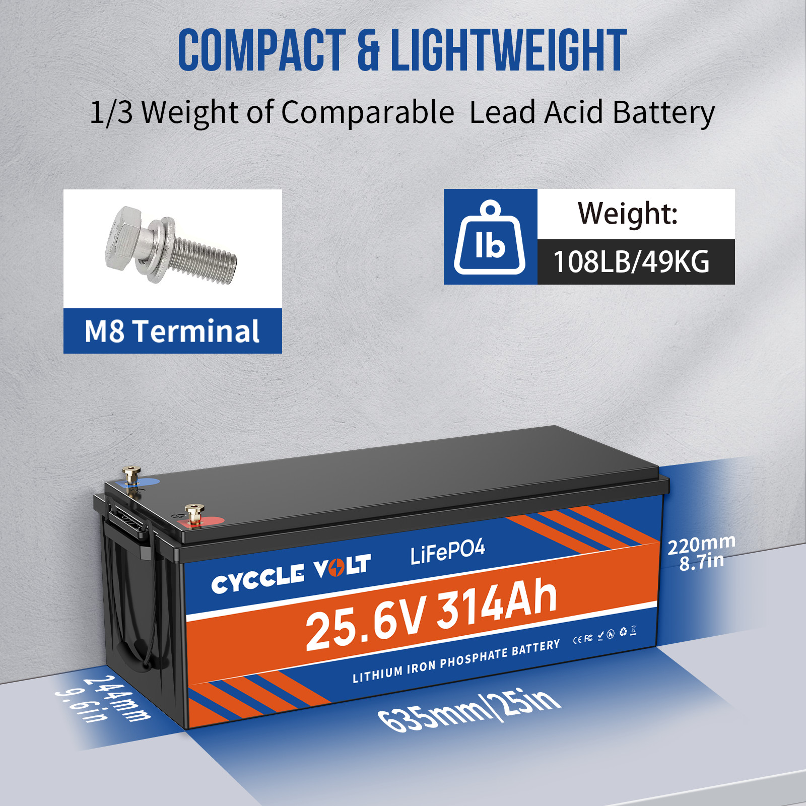 24V 314Ah LiFePO4 Battery 8kWh 200A BMS 15000+ Deep Cycle For RVs Solar Off-grid