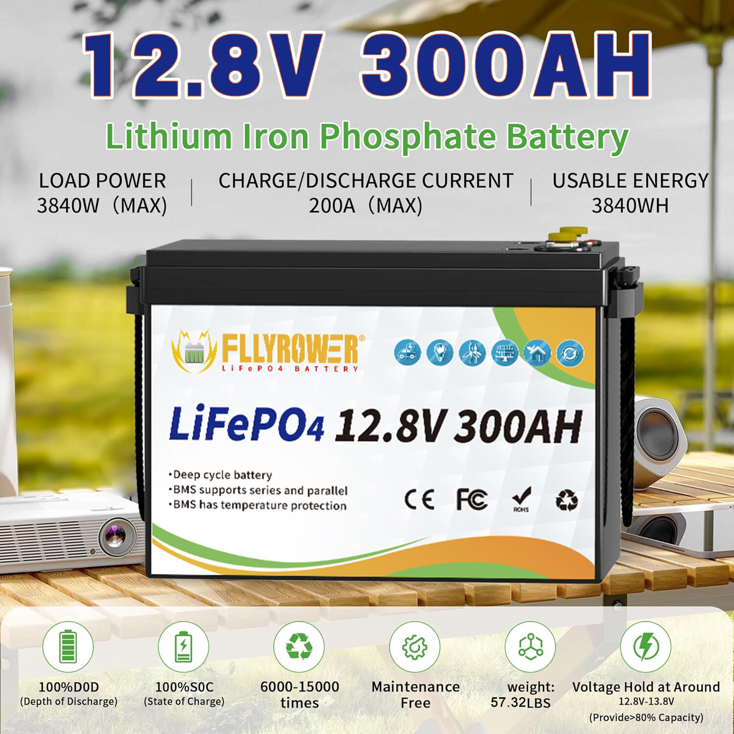 FLLYROWER 3840Wh 12V 300Ah LiFePO4 Lithium Battery 8000+ Deep Cycle For RV Home